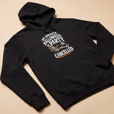 Cartoon skeleton lamenting a canceled Halloween party with bold text — printed on a unisex hoodie