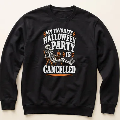 Cartoon skeleton lamenting a canceled Halloween party with bold text — printed on a unisex sweatshirt