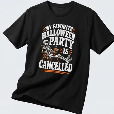 Cartoon skeleton lamenting a canceled Halloween party with bold text