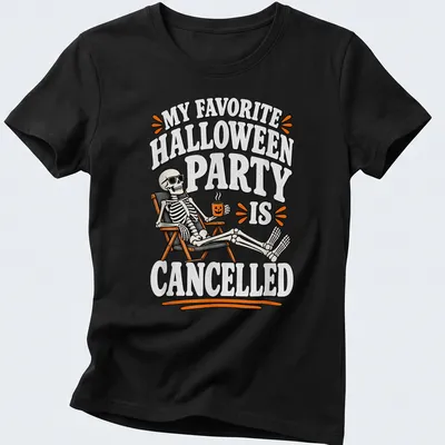 Cartoon skeleton lamenting a canceled Halloween party with bold text — printed on a women's shirt