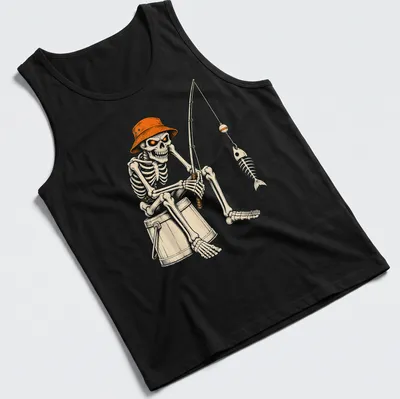 Vintage style t-shirt featuring a skeleton fisherman catching a bass in Halloween colors — printed on a tank top