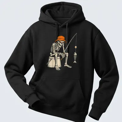 Vintage style t-shirt featuring a skeleton fisherman catching a bass in Halloween colors — printed on a unisex hoodie