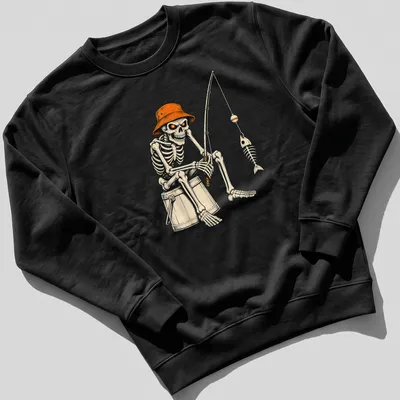 Vintage style t-shirt featuring a skeleton fisherman catching a bass in Halloween colors — printed on a unisex sweatshirt