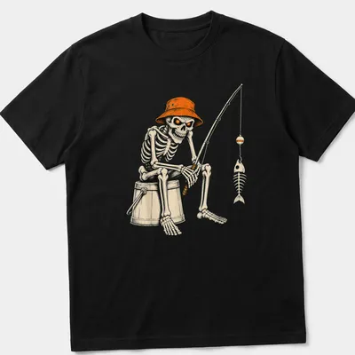 Vintage style t-shirt featuring a skeleton fisherman catching a bass in Halloween colors