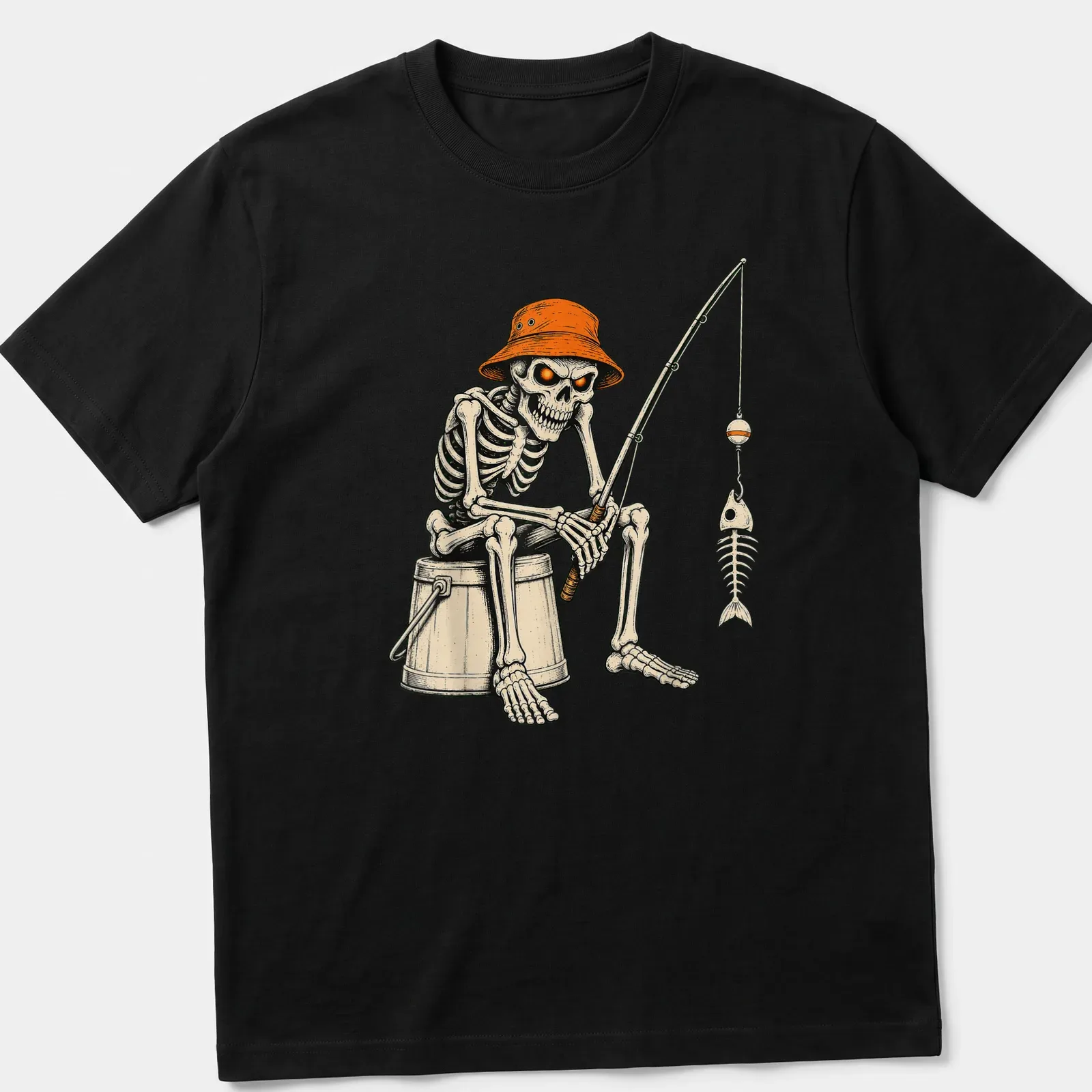 Vintage style t-shirt featuring a skeleton fisherman catching a bass in Halloween colors — printed on a unisex t-shirt