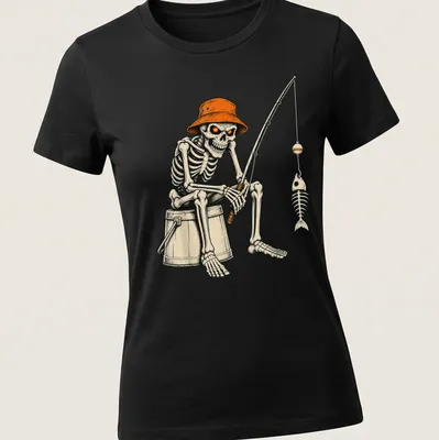 Vintage style t-shirt featuring a skeleton fisherman catching a bass in Halloween colors — printed on a women's shirt
