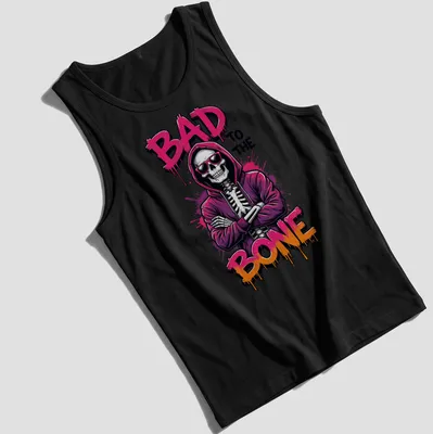 Bold graffiti-style t-shirt featuring a skeleton in a hoodie with colorful lettering. — printed on a tank top
