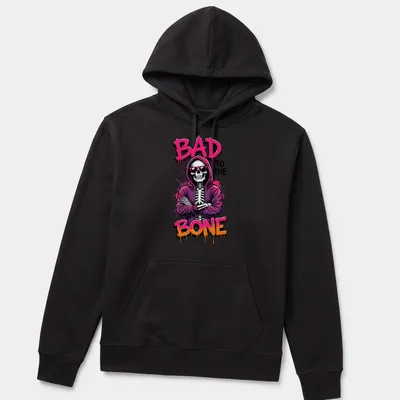 Bold graffiti-style t-shirt featuring a skeleton in a hoodie with colorful lettering. — printed on a unisex hoodie