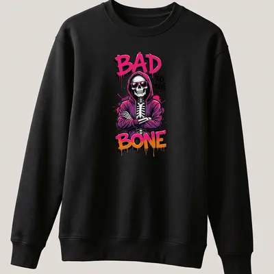 Bold graffiti-style t-shirt featuring a skeleton in a hoodie with colorful lettering. — printed on a unisex sweatshirt