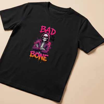 Bold graffiti-style t-shirt featuring a skeleton in a hoodie with colorful lettering.
