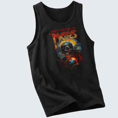 Vintage distressed tee featuring a skull and globe with band name above — printed on a tank top