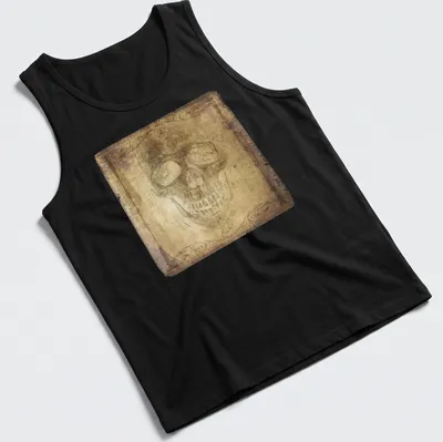 Faded gothic skull portrait t-shirt with ornate vignette in brown, beige, and black — printed on a tank top