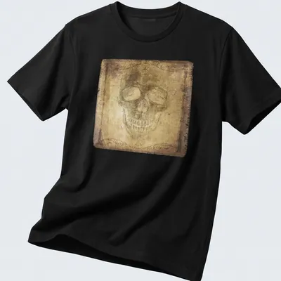 Faded gothic skull portrait t-shirt with ornate vignette in brown, beige, and black