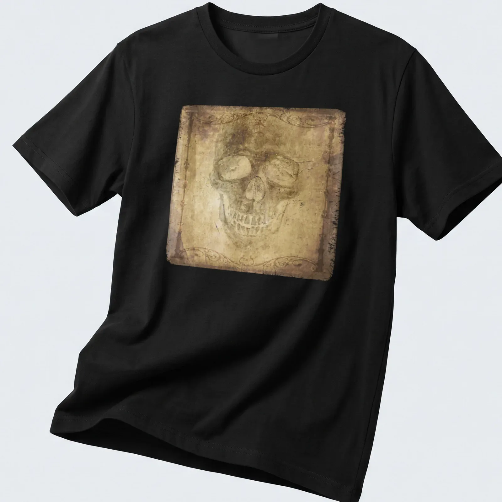Faded gothic skull portrait t-shirt with ornate vignette in brown, beige, and black — printed on a unisex t-shirt