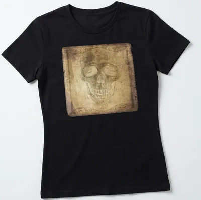 Faded gothic skull portrait t-shirt with ornate vignette in brown, beige, and black — printed on a women's shirt