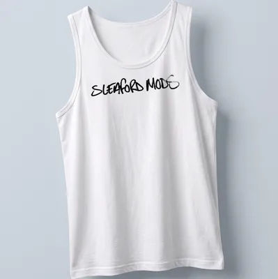 Black t-shirt featuring the Sleaford Mods logo in bold brush script — printed on a tank top