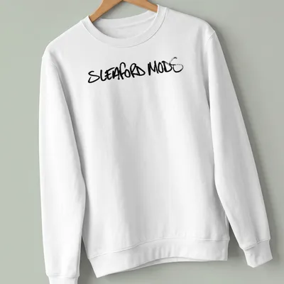 Black t-shirt featuring the Sleaford Mods logo in bold brush script — printed on a unisex sweatshirt
