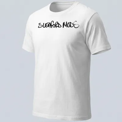 Black t-shirt featuring the Sleaford Mods logo in bold brush script