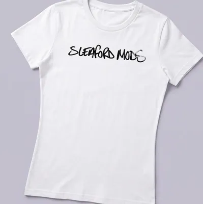 Black t-shirt featuring the Sleaford Mods logo in bold brush script — printed on a women's shirt