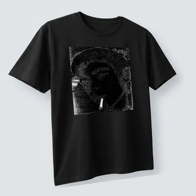 Illustration of a boy with a cigarette in black and white on a — printed on a unisex t-shirt (angled view)