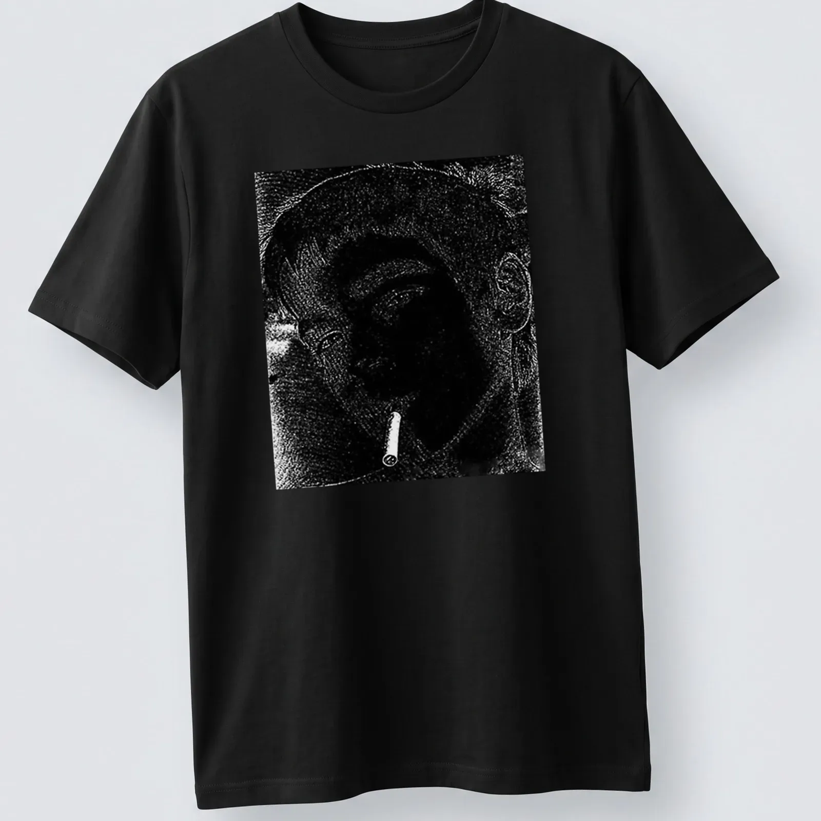 Illustration of a boy with a cigarette in black and white on a — printed on a unisex t-shirt