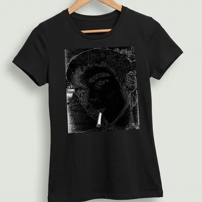 Illustration of a boy with a cigarette in black and white on a — printed on a women's shirt