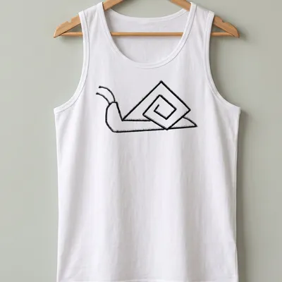 Minimalist line-art of a snail with an angled shell in black and white — printed on a tank top