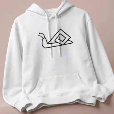 Minimalist line-art of a snail with an angled shell in black and white — printed on a unisex hoodie