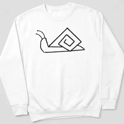 Minimalist line-art of a snail with an angled shell in black and white — printed on a unisex sweatshirt