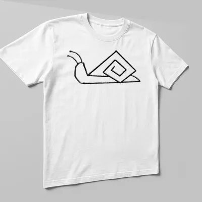 Minimalist line-art of a snail with an angled shell in black and white — printed on a unisex t-shirt (angled view)