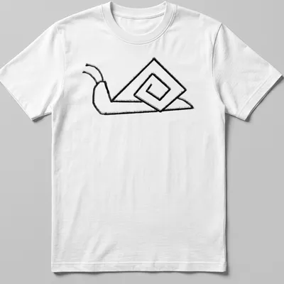 Minimalist line-art of a snail with an angled shell in black and white