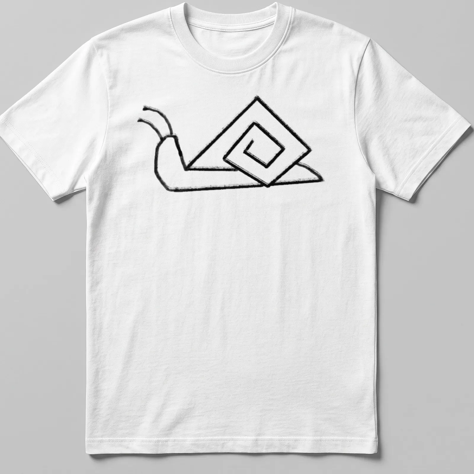 Minimalist line-art of a snail with an angled shell in black and white — printed on a unisex t-shirt