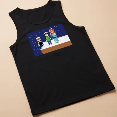 Kawaii cartoon of three friends on a snowy cliff with blue and white colors — printed on a tank top