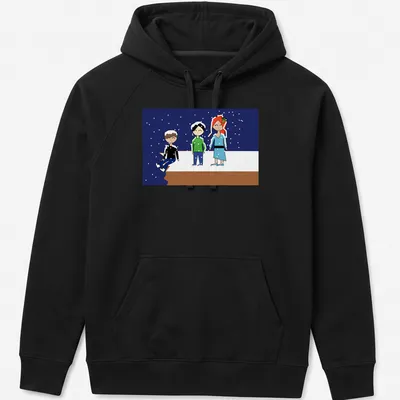 Kawaii cartoon of three friends on a snowy cliff with blue and white colors — printed on a unisex hoodie