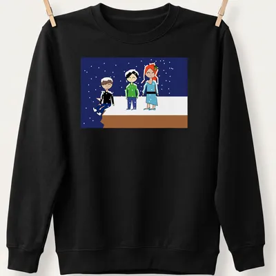 Kawaii cartoon of three friends on a snowy cliff with blue and white colors — printed on a unisex sweatshirt
