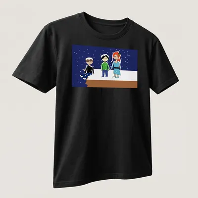 Kawaii cartoon of three friends on a snowy cliff with blue and white colors — printed on a unisex t-shirt (angled view)