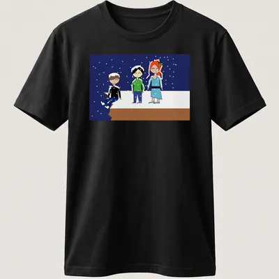 Kawaii cartoon of three friends on a snowy cliff with blue and white colors