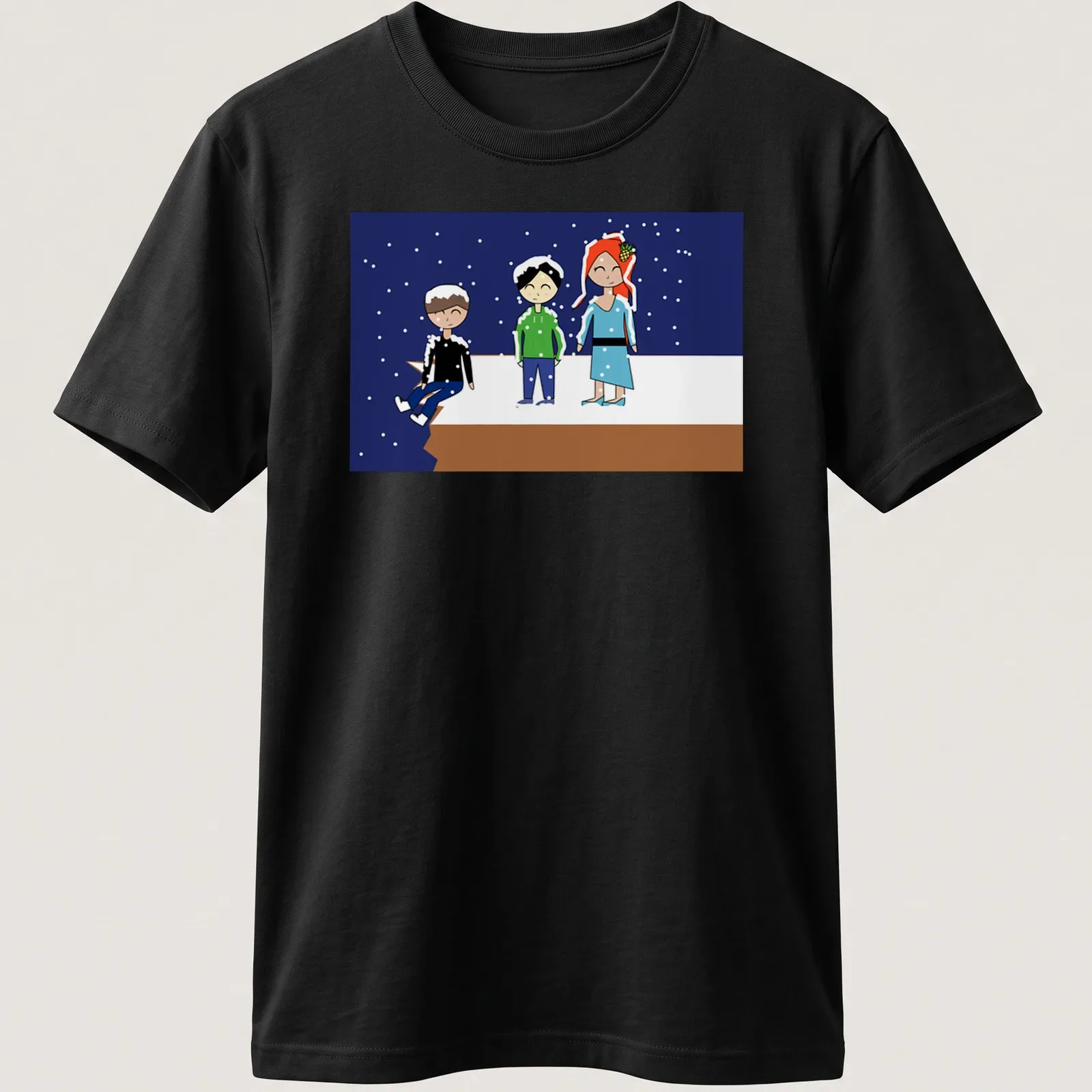 Kawaii cartoon of three friends on a snowy cliff with blue and white colors — printed on a unisex t-shirt