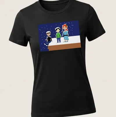 Kawaii cartoon of three friends on a snowy cliff with blue and white colors — printed on a women's shirt