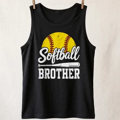 Vintage distressed Softball Brother t-shirt with bold lettering and a softball graphic — printed on a tank top