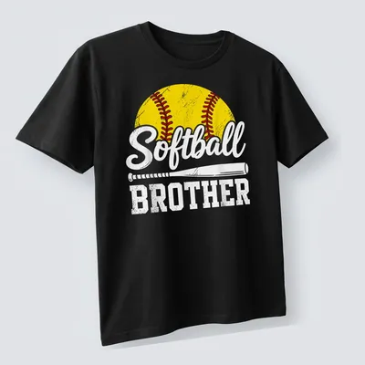 Vintage distressed Softball Brother t-shirt with bold lettering and a softball graphic — printed on a unisex t-shirt (angled view)