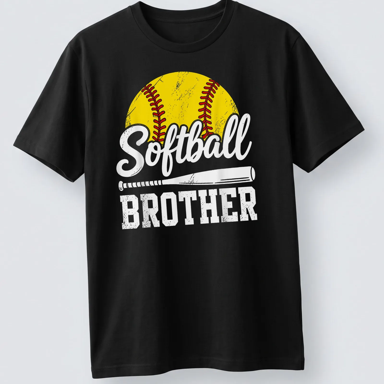 Vintage distressed Softball Brother t-shirt with bold lettering and a softball graphic — printed on a unisex t-shirt