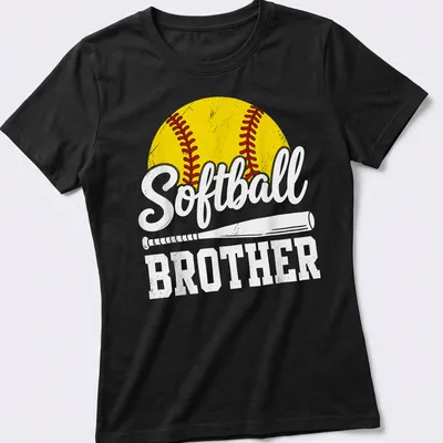 Vintage distressed Softball Brother t-shirt with bold lettering and a softball graphic — printed on a women's shirt