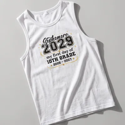 Bold typography T-shirt celebrating sophomore year with festive design — printed on a tank top