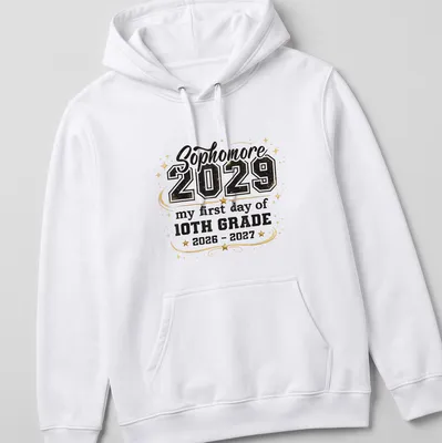 Bold typography T-shirt celebrating sophomore year with festive design — printed on a unisex hoodie