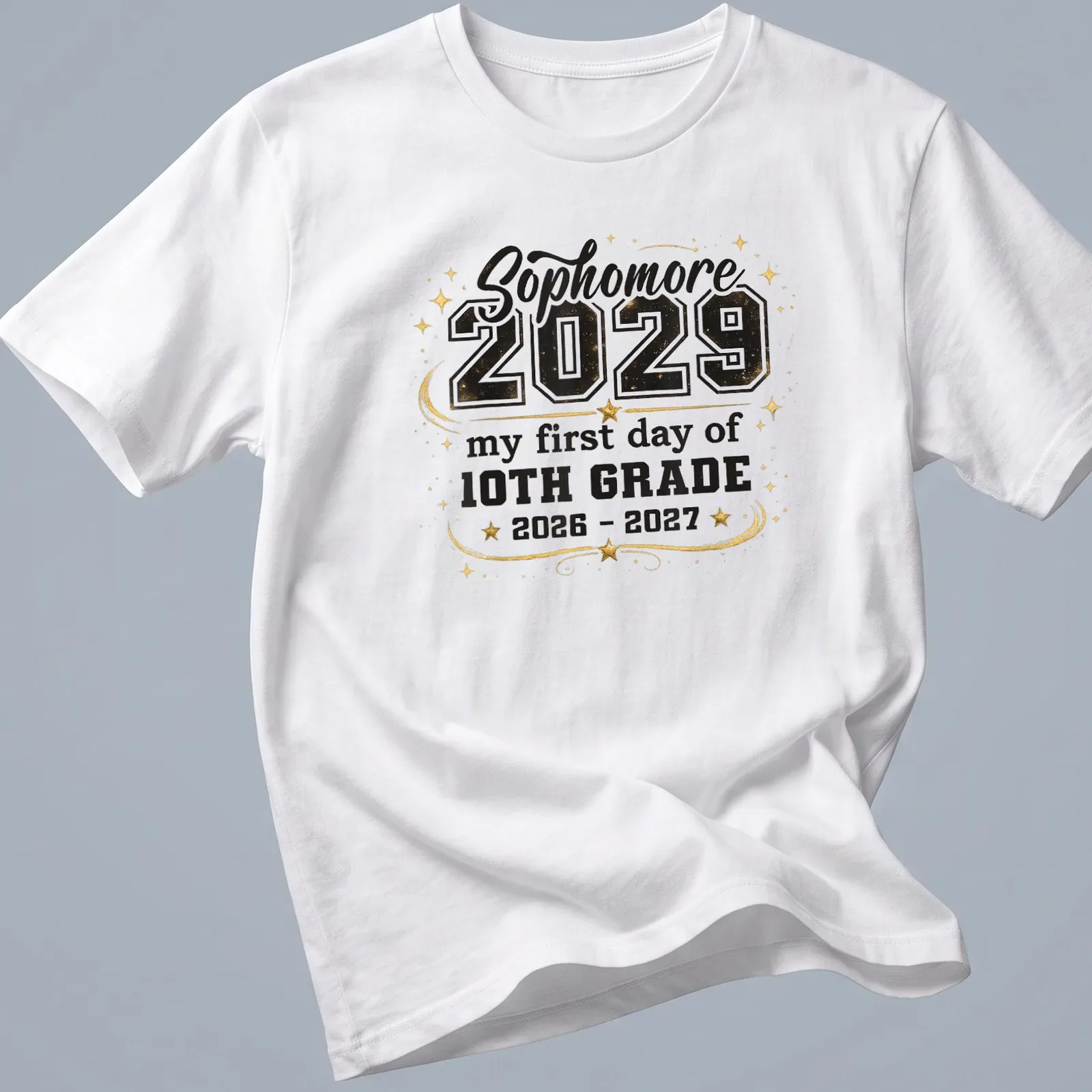 Bold typography T-shirt celebrating sophomore year with festive design — printed on a unisex t-shirt