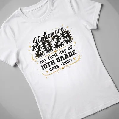Bold typography T-shirt celebrating sophomore year with festive design — printed on a women's shirt