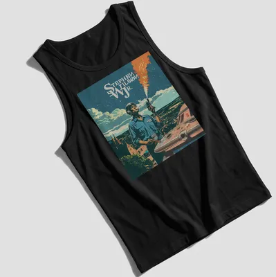 Retro comic style shirt featuring a space explorer and the name Stephen Wilson Jr — printed on a tank top