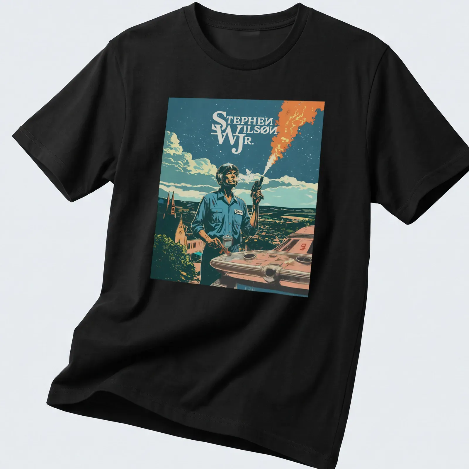 Retro comic style shirt featuring a space explorer and the name Stephen Wilson Jr — printed on a unisex t-shirt