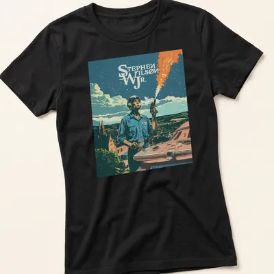 Retro comic style shirt featuring a space explorer and the name Stephen Wilson Jr — printed on a women's shirt